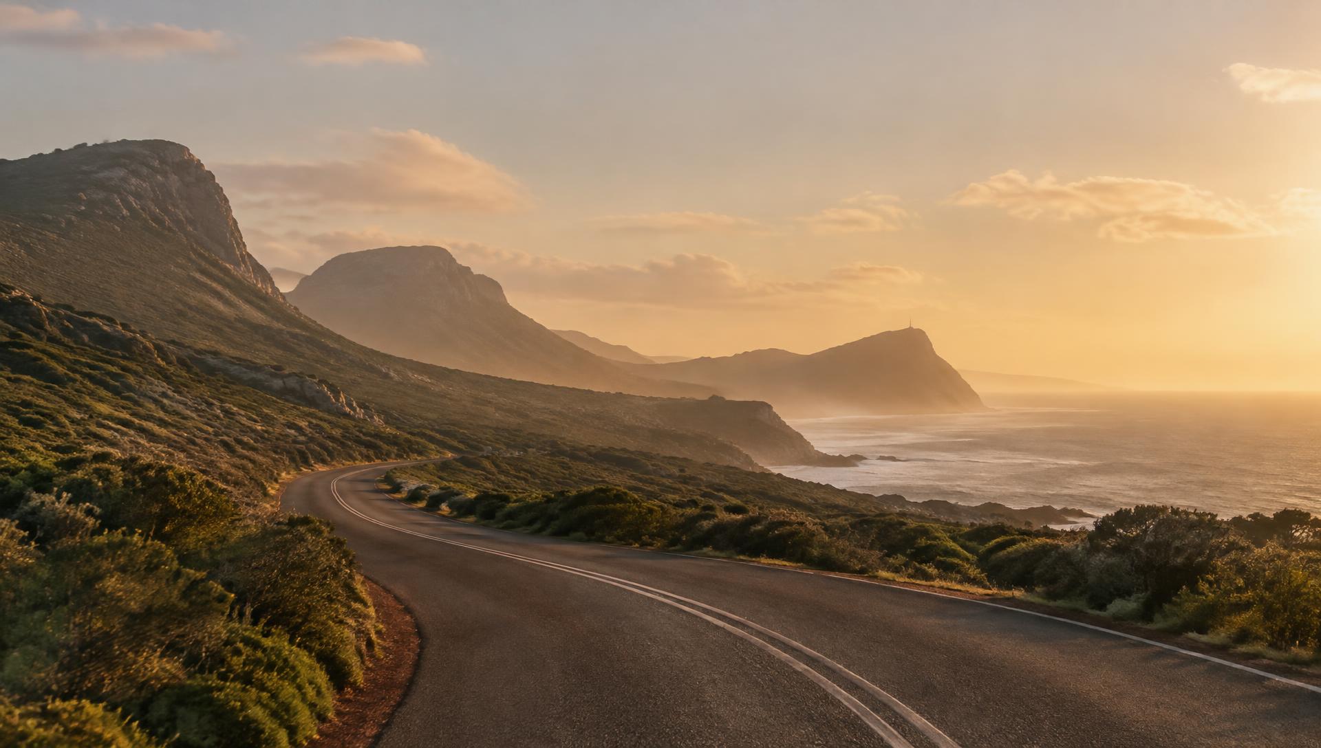 A coastal road through fynbos towards Cape Point at golden hour