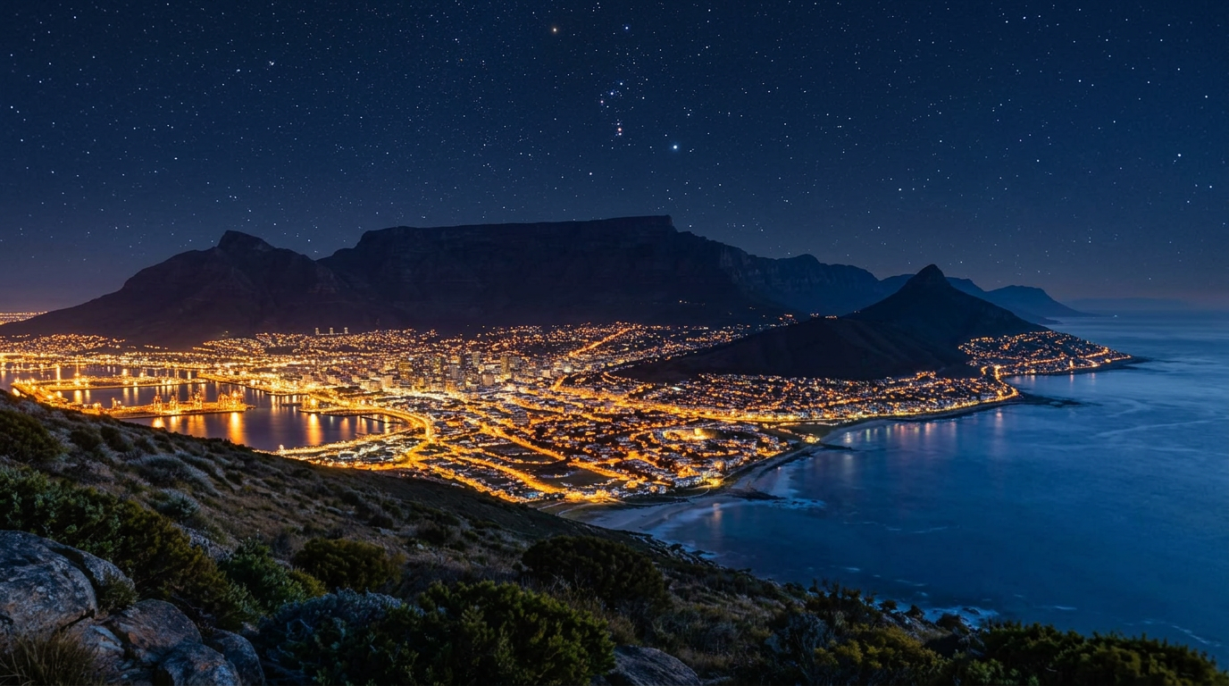 Table Mountain at night, a dark silhouette over the glowing city bowl under a starry sky