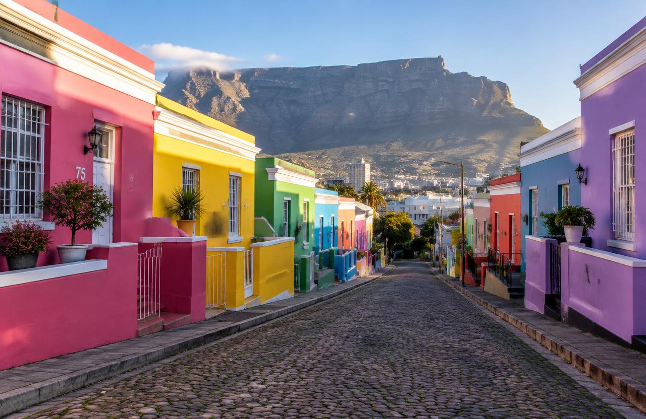 Brightly painted houses on a cobbled Bo-Kaap street with Table Mountain behind