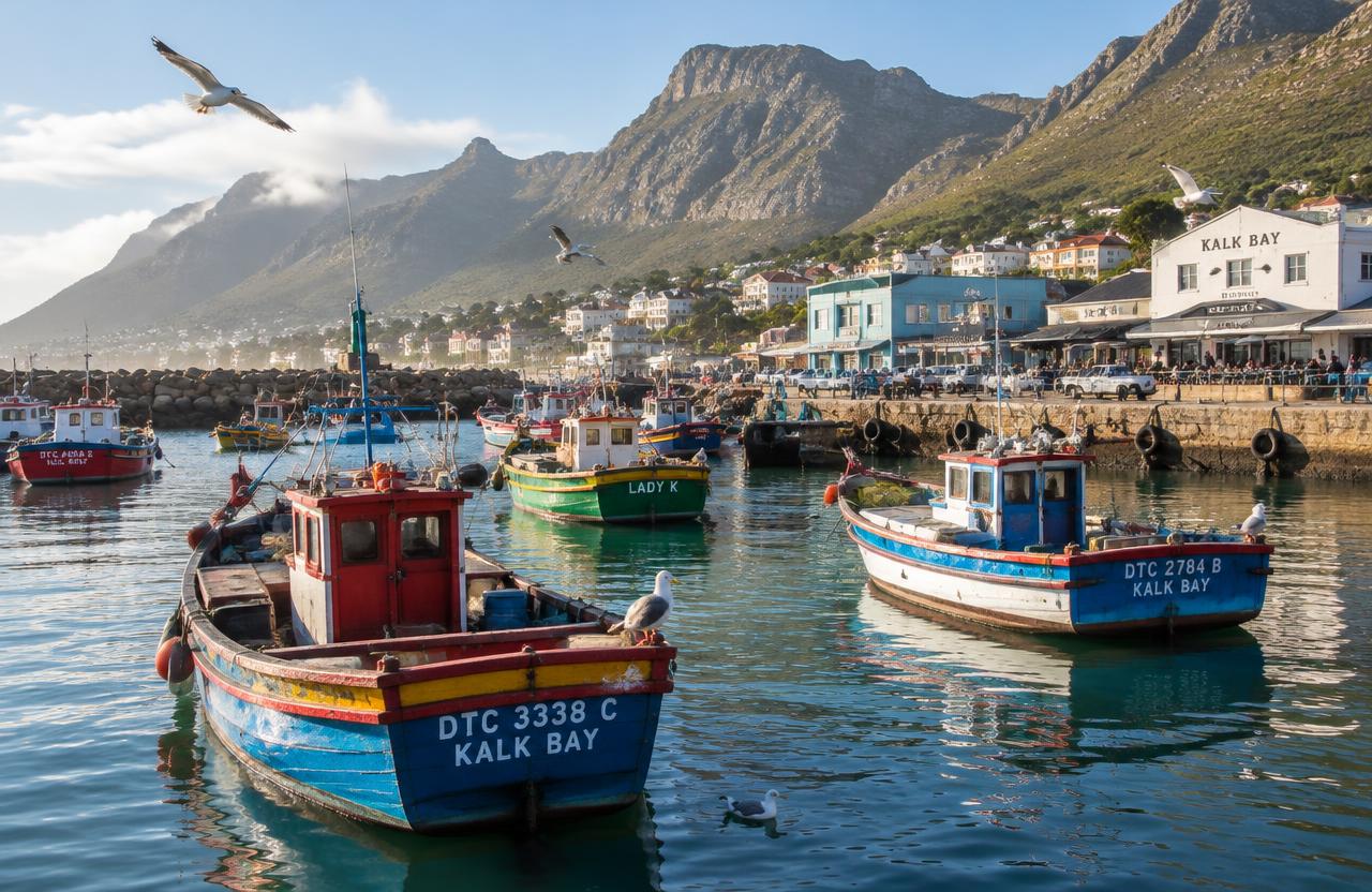 Colourful fishing boats in Kalk Bay harbour with mountains behind